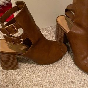 Brown buckle peep toe booties